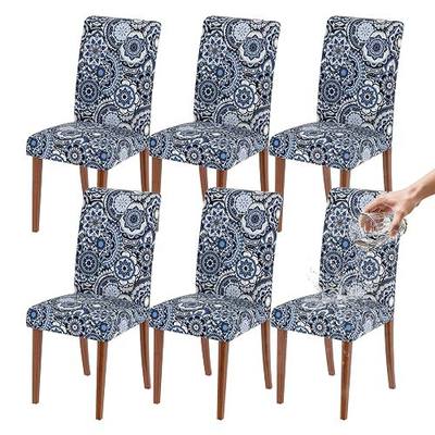 Waterproof Chair Covers Set of 6 Blue Tile Dining Chair Covers Stretch | Kitchen Parsons Chair Covers Washable Dining Chair Protectors Party Seat Covers for Home Restaurant Hotel