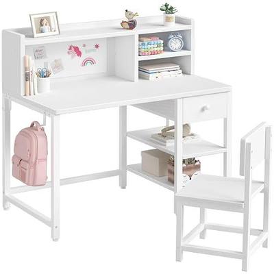 BOLUO White Kids Desk and Chair Set for 6-12 Year Old, Children Study Desk with Hutch and Storage Shelf, Student Writing Table with Fabric Drawer for Girls Boys