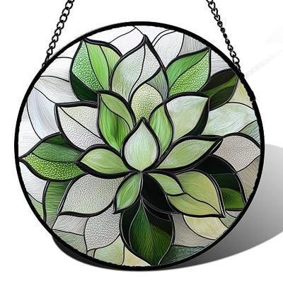 Stained Glass Window Hanging - Green Lotus Suncatcher for Door Garden Succulent Plant Sun Catchers Decor Mother's St. Patrick's Day Birthday for Women Mom Nana Grandma 7.8 in
