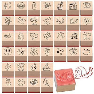 Maitys 36pcs Cartoon Pattern Wood Stamps Set Wooden Rubber Holiday Stamps Cute Cake Elephant Candle Butterfly Bee Pattern for Card Making Decoration and Scrapbooking Supplies DIY Tools Gifts
