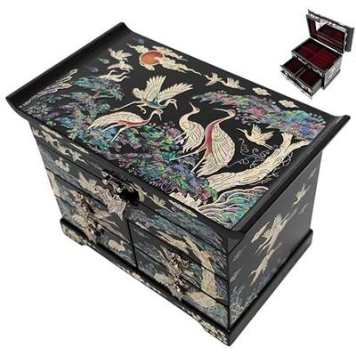 February Mountain Mother of Pearl Wooden Jewelry Organizer Box – Jewelry Storage Box for Women, Features Spacious Drawers, Ideal for Rings, Bracelets, Watches, Chains, Accessories (Colorful Crane)