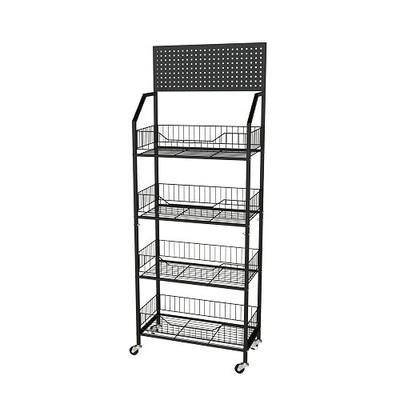 4 Tier Retail Storage Rack, Snack Rack Display Stand with Wheel | Retail Display Organizer Stand with Hooks & Wheels, Metal Snack Shelf, Black Chip Rack Display Stand (4 Tier)