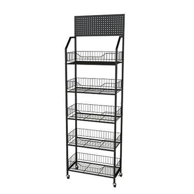 5 Tier Retail Storage Rack, Snack Rack Display Stand | Retail Display Organizer Shelves with Hooks & Wheels, Metal Snack Shelf, Black Chip Rack Display Stand (5 Tier)