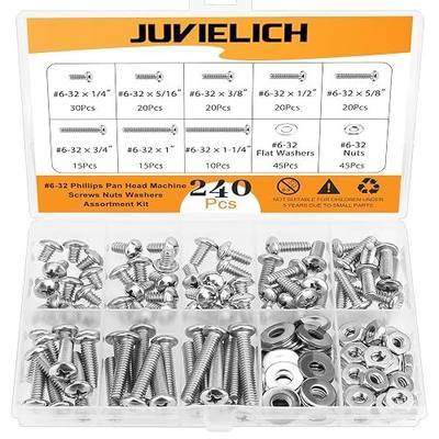 #6-32 x 1/4" to 1-1/4" Phillips Pan Head Machine Screws Nuts Washers Kit | 240 Pieces, 304 Stainless Steel, UNC Fully Threaded, for Wall plates, Switches, Outlets, Appliances, Furniture, DIY Projects