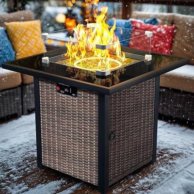 Propane Fire Pit Table, Outdoor Fire Pit Table, 28" Rattan Square Outdoor Gas FirePit with Glass Wind Guard, Tempered Glass Tabletop, Lid, CSA Listed, 50,000 BTU, Outside Patio Deck & Garden, Brown