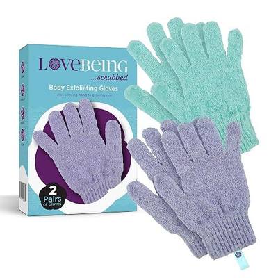 Love Being Scrubbed Body Exfoliating Gloves (2 Pair, 4 Count, Assorted Colors), Stretchy Exfoliating Body Scrubber for Bath & Shower, Body Exfoliator for Women & Men for Softer, Smoother Skin