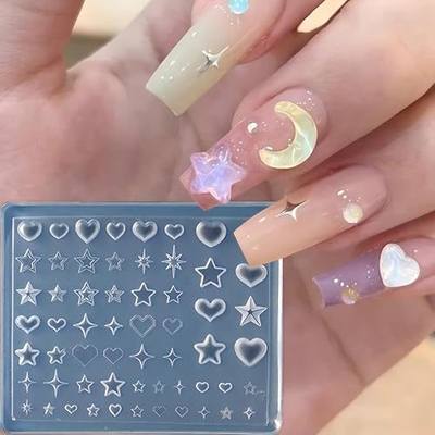3D Star Silicone Nail Molds Gel Nail Art Mold Carving Template, Heart Nail Charms Mold Nail Stencils for Resin Manicure Decoration Accessories Nail Design Tools DIY Nail Supplies