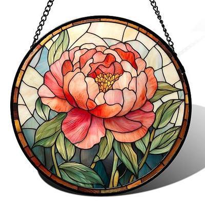 Stained Glass Window Hanging - Pink Peony Floral Suncatcher for Door Garden Yard Birth Flower Sun Catchers Decor Christmas Mother's Day Birthday Gifts for Women Mom Nana Wife Teacher 6.3 in