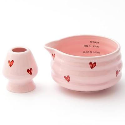 2pcs Matcha Bowl with Whisk Holder, Ceramic Pink Matcha Bowl with Spout, 16.5OZ Porcelain Bowl with Measurement Marks, Tea Mixing Bowl with Whisk Stand, Cute Valentine Gift (pink love)
