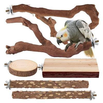 Parrot Perch Bird Perch Stand Set Natural Wild Wood Grape Sticks Paw Grinding Fork Parakeet Climbing Standing Branches Toys Cage Accessories for Conure,Cockatiels Lovebirds,Budgies Chewable 6PC