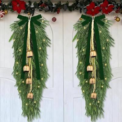 Fovths 2 Pieces 35.5" Christmas Teardrop Swag for Front Door with Green Bow | with Lights, Real Touch, Artificial Norfolk Pine Needles, Large Size, Greenery Swags, Christmas Indoor Outdoor Decorations