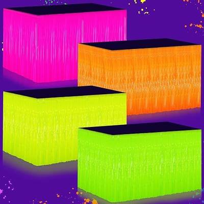 Glow in the Dark Party Supplies - 4Pack Neon Party Decoration UV Reactive Tinsel Foil Fringe Table Skirts, 31.5" x 118" Fluorescent Neon Streamers for Birthday, Rave, Blacklight, Glow Event