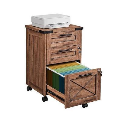 DEVAISE 3 Drawer Under Desk File Cabinet with Lock, Oak | Farmhouse Style, Mobile Drawer Storage Cabinet, Rolling Printer Stand, Fits A4 or Letter-Size, Home Office
