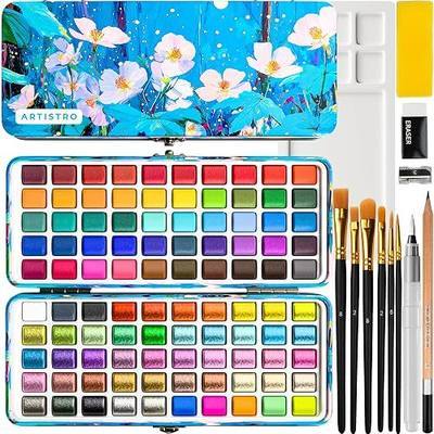 ARTISTRO 100 Color Watercolor Paint Set - Portable Paint Art Kit in Blue Floral Metal Case with Palette and Brush Pens - Travel Water Color Set for Adults, Professionals and Amateurs