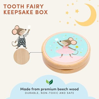 Baby Tooth Keepsake Box – Wooden Beechwood Tooth Fairy Holder & Memory Capsule for First Tooth, Curl & Umbilical Cord – Unisex Boys & Girls Shower Gift Registry Must-Have (Pink)