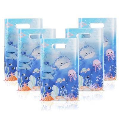 Mikzhskr 30Pcs under the Sea Party Favors Bags with Handle Blue Ocean Animals Themed Goodie Candy Snack Bag Plastic Waterproof Whale Shark Gift Pack for Kids Birthday Decoration Supplies, 9.8 x 6.5 in