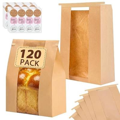 Moretoes 120 Pack Large Paper Bread Bags for Homemade Bread, 13.7x8.3x3.5 Inches, Sourdough Bread Bags with Tin Tie Tab and Clear Front Window, Includes 144 Label Seal Stickers (Brown)