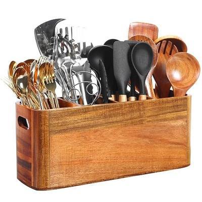 Kitchen Utensil Holder for Counter or Countertop, Extra Large Acacia Wood Organizer with 4 Compartments, Wooden Storage for Cooking and Silverware, Rustic Minimalist Decor, Sturdy Utensil Crock