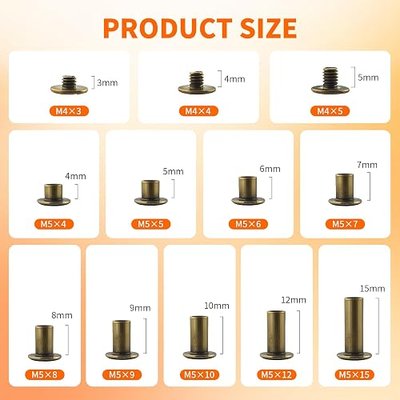 135 Sets Bronze Chicago Screws Leather Rivets Kit, 9 Sizes (M5*4,5,6,7,8,9,10,12,15) & 3 Screw Lengths (M4*3,4,5) Chicago Binding Screws, for Leather Craft, Bookbinding