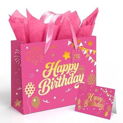 Sipthene 13” Pink Birthday Gift Bag with Tissue Paper and Greeting Card | Happy Birthday Gift Bags for Party, Hot Foil Stamping Design Gift Wrap Bags Decor for Women and Kids, 1 PCS, Medium Size