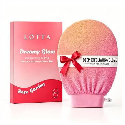 LOTTA Dreamy-Glow Deep Exfoliating Glove - Vegan Dead Skin Removal Body Scrub Mitt Bath Washcloth for Women Shower Exfoliation (Rose Garden)