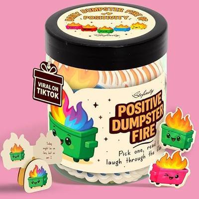 60 Positive Dumpster Fire Cards Jar, Emotional Support Coworker Gifts | wooden stand, zen garden dumpster fire desk accessories for office, gift for coworkers, teachers, work friends