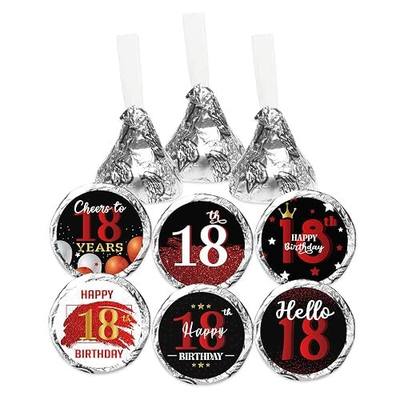 Happy 18th Birthday Party Favor Labels Chocolate Candy Stickers - Eighteen Years Old Round Candy Sticker Party Favors - Black and Red - 150 Stickers