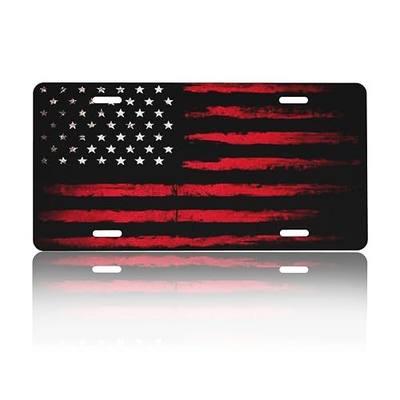 Front License Plate Cover - Black Red American Flag | Aluminum Metal Car Accessory, Rust-Proof Novelty Vanity Tag Decor for Men & Women, 6x12 with 4 Holes