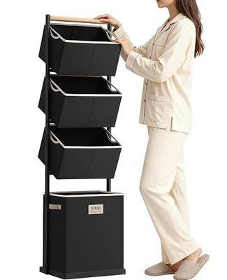 SOLEDI 4 Section Laundry Hamper Sorter, Stackable Laundry Basket Organizer with Removable Basket, 125L 4-Tier Vertical Laundry Sorter for Small Space, Laundry Room, Dorm, Bathroom, Wardrobe Black