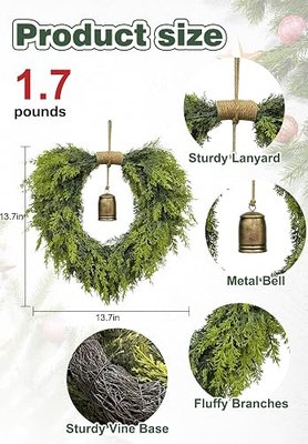 20" Heart-Shaped Wreath for Front Door – Faux Greenery with Rustic Bell – Waterproof & Fade-Resistant Christmas Decor for Porch, Holiday Wall or Indoor Use