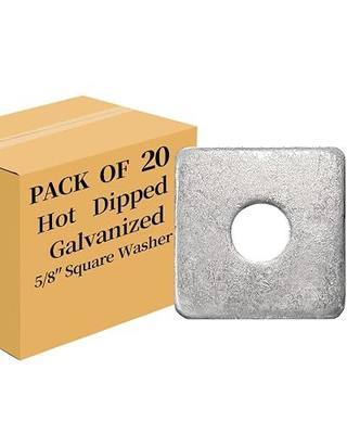 20-Pack 5/8” Hot-Dipped Galvanized Steel Square Washers, Flat Pad Spacer for Square Nut Fasteners, 5/8” ID x 2” Square x 0.18” Thick