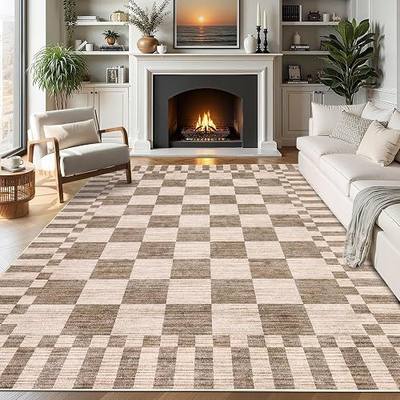 GarveeHome Brown Checkered Rug 5x7 Area Rugs Washable Living Room 5x7 Rug | Geometric Tan Print Non-Slip Farmhouse Rug Soft Low-Pile Neutral Modern Rugs for Living Room Bedroom Dining Room Office