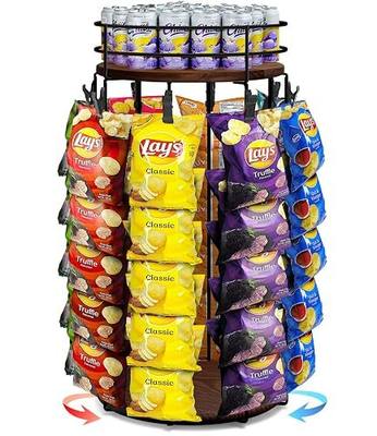 Chip Rack Display Stand, Rotating Snack Organizer with Top Tier, Brown | Snack Organizer Wooden Base Chip Bag Holder Candy Display for Concession Stand Countertop, Party, Retail, Home Office