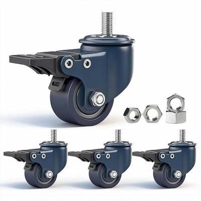 M8 Caster Wheels, 1.6 Inch Stem Casters with Locking Brakes, Set of 4 | Blue Polyurethane, Non-Marking, 8x15mm Threaded Stem, 450 lb Capacity for Furniture & Carts