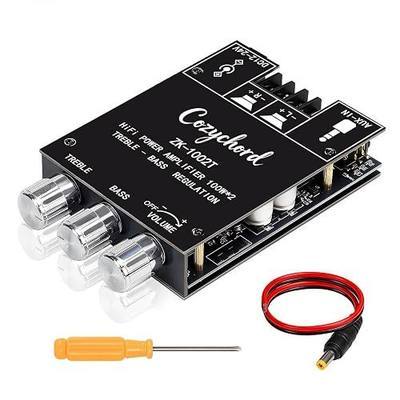 ZK-1002T Bluetooth 5.0 Stereo Amplifier Board, 200W HiFi 2.0 Channel Mini Audio Amp Module with Treble & Bass Control, AUX Input, DC 12V-24V for DIY Speakers,Home Audio