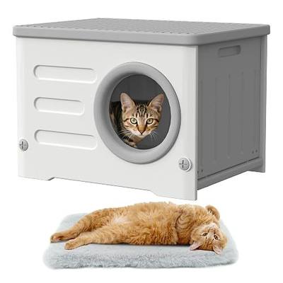 Outdoor Feral Cat House Weatherproof with Cushion (Grey and White) | Heavy-duty Plastic,Elevated Stackable Structure,Insulated Outdoor Cat Shelter,All-season Indoor Use,Ideal for Yard,Porch Barn