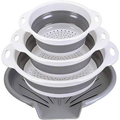 Collapsible Colander Set with Oversized Draining Tray | 3-Pack Foldable Kitchen Strainers + Base | Space Saving for Pasta, Veggies, Fruit & Rice | 5 Colors (Gray-White)