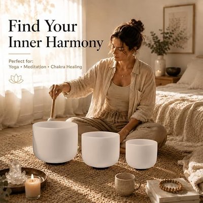 RYAN DVAN 432Hz 6" B 8" G 10" F Crystal Singing Bowl Set of 3 | Frosted Quartz Sound Bowls for Crown, Throat & Heart Chakra, Meditation, Sound Bath, Yoga & Sound Therapy