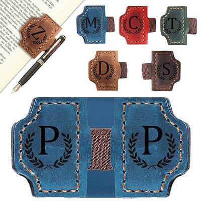 Custom Magnetic Bookmarks with Pen Holder, Personalized 26 Letters Name Initial Leather Bookmark, Leather Book Mark for Men Women Teachers, Readers Book Lovers Gifts (Blue, P)