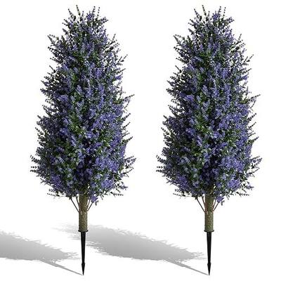 3FT Artificial Lavender Topiary Tree, Set of 2 Artificial Shrubs Fake Bushes with Spike, Faux Lavender Plants for Porch, Artificial Plants for Outdoor Planters Indoor UV Resistant