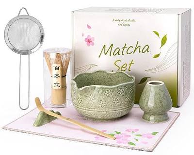 ALBISS Matcha Whisk Set - 7 Pcs Ceramic Matcha Kit with 18oz Spout Bowl & Cherry Blossom Design, Bamboo Whisk & Holder, Scoop, Rest, Sifter, Towel, Elegant Japanese Tea Gift Set for Macha Lover, Green