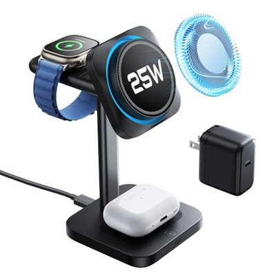 ESR for 3 in 1 Charging Station, Qi2.2 Certified 25W MagSafe Charger Stand with CryoBoost, Phone-Cooling Fast Charging Station, for iPhone 17/16 with iOS 26, AirPods, Apple Watch, Black