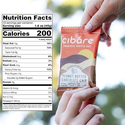 Cibare Plant-Based Energy Bar - Powered by 1 Billion Probiotics, Gluten-Free, Vegan Fruit Snack, No Added Sugar, Soy-Free, Peanut Butter Chocolate Chip (12 Count)