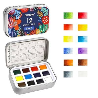 Grabie Pocket Watercolor Set of 12, Travel Watercolor Paint Set, Watercolor Paints, Art Supplies for Painting, Great Watercolor Set for Artists, Amateur Hobbyists and Painting (Essential Color)