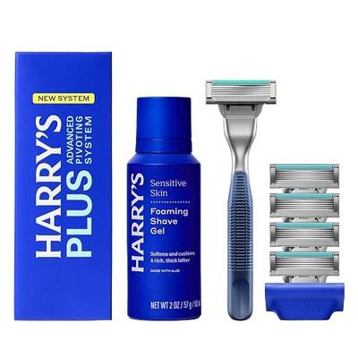 Harry's Plus Shaving Kit for Men - Premium Handle, 5 Razor Blade Cartridges, Foaming Shave Gel, and Travel Blade Cover - TSA Approved Travel Essentials - Advanced Pivoting System - Tide