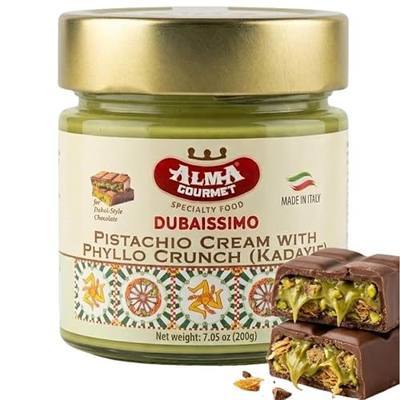 Alma Gourmet Dubaissimo Pistachio Cream with Kadayif 7.05oz (200g) - Original Dubai Chocolate Filling, Pistachio Paste to Spread, Authentic Premium Dessert with Kadayif Crunch, Sweet Snack - Product of Italy