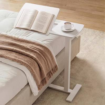 Sakugi Overbed Bedside Table with Wheels, Right-Side Tilt Top, Laptop Desk | Home & Office, Hospital Bed Table, Rolling Bed Tray, Height Adjustable, White,12.9" D × 27.6" W × 29.1"–39" H