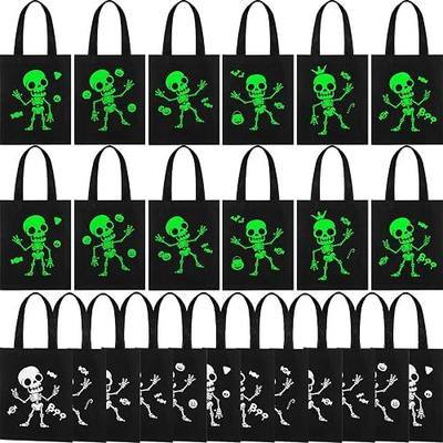 SilTriangle 24 Pack Luminous Halloween Non Woven Tote Bags, 7.9 x 9.8 in Light up Trick or Treat Goodies Bags, Reusable Halloween Candy Gift Tote with Handles for Party Favor Supplies(Skull Style)