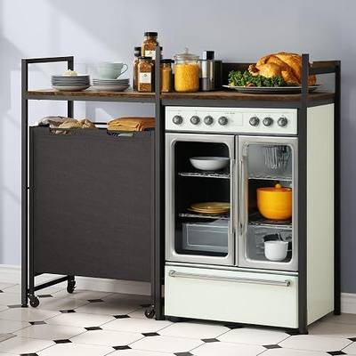 YITAHOME Kitchen Microwave Stand Bakers Rack with Shelf | 55" Large Kitchen Storage Shelf w/Rolling Wheeled Storage Baskets/Hooks, Coffee Bar Table Station w/Dining Room, Retro Brown