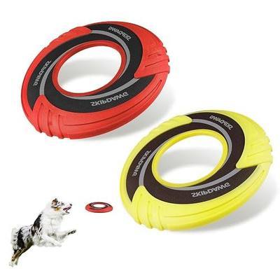 SKIPDAWG Dog Flying Disc Tug Toys 2 Pack, Light Fetch Toy for Outdoor Play | 9 Inches Diameter Tugs, Soft Light Non-Toxic TPR/Nylon Fabric, Green & Red Colors, Floats on Water for Dog Outdoor Games
